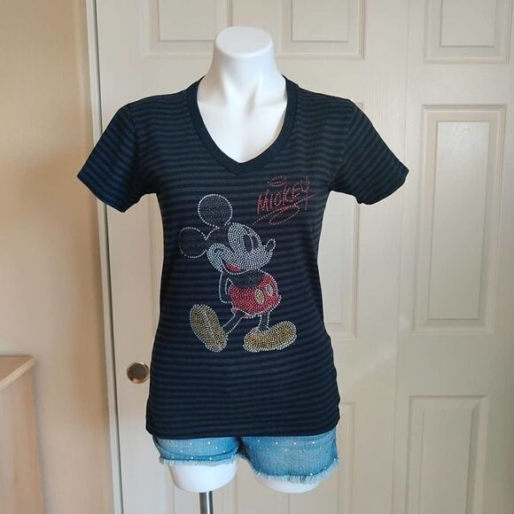 Disney Store black striped Mickey Mouse v-neck tee sz M - Picture 1 of 8